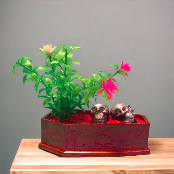 Aquarium Decoration  - Pink Coffin & Skulls with Flower Plant. - Picture 3 of 7